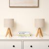 Set of 2 - Solid Wood Tripod Table Lamp with Beige Linen Drum Shade