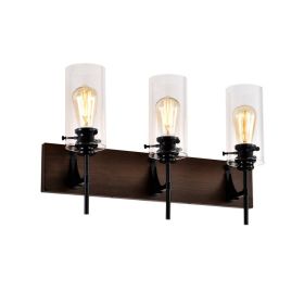 3-Light Matte Black & Wood Color Bathroom Light Fixture (Option: Wood)