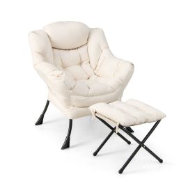 Modern Accent Sofa Chair with Folding Footrest and Side Pocket (Color: Beige)